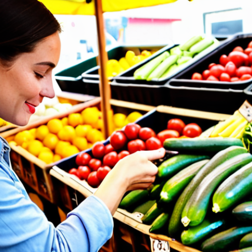 **Instagram Story of a Tour Guide Selecting Fresh Produce at a Farmers Market:** A vibrant, close-up shot of a tour guide (mid-30s, friendly appearance) hand-picking colorful vegetables and fruits at a bustling farmers market. Focus on the textures of the produce and the lively atmosphere of the market. Capture the feeling of freshness and local flavor. Use natural lighting and a slightly shallow depth of field to draw attention to the main subject. Instagram story format (9:16 aspect ratio).
