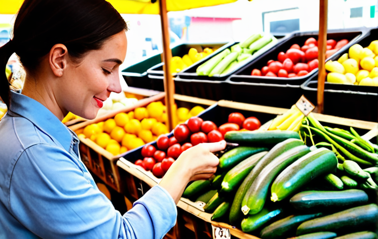 **Instagram Story of a Tour Guide Selecting Fresh Produce at a Farmers Market:** A vibrant, close-up shot of a tour guide (mid-30s, friendly appearance) hand-picking colorful vegetables and fruits at a bustling farmers market. Focus on the textures of the produce and the lively atmosphere of the market. Capture the feeling of freshness and local flavor. Use natural lighting and a slightly shallow depth of field to draw attention to the main subject. Instagram story format (9:16 aspect ratio).