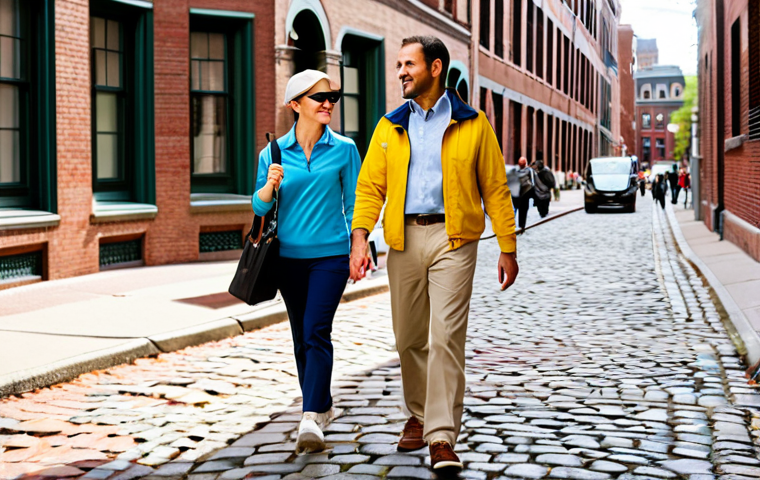 Historical Walking Tour**
"A knowledgeable, friendly tour guide (male, 30s) in comfortable walking shoes and professional outdoor attire (khaki pants, polo shirt, light jacket) points towards a historic landmark in Boston, MA, USA. Cobblestone street, brick buildings, sunny day. Tourists with various casual outfits are looking attentively. Perfect anatomy, correct proportions, natural pose, well-formed hands, proper finger count, natural body proportions, fully clothed, appropriate attire, safe for work, family-friendly, professional photography, high quality."
**