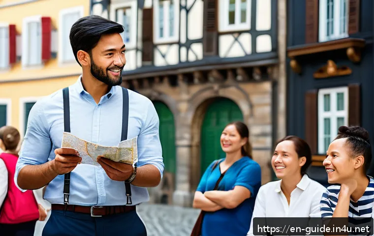 관광통역안내사 시험 준비 체크리스트 - A professional tourist guide interpreter confidently leading a diverse group of travelers through a ...