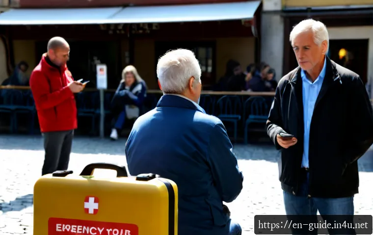 관광통역안내사 실무에서의 긴급 상황 대처법 - Photorealistic emergency response scene at a busy European city sightseeing plaza, a calm profession...